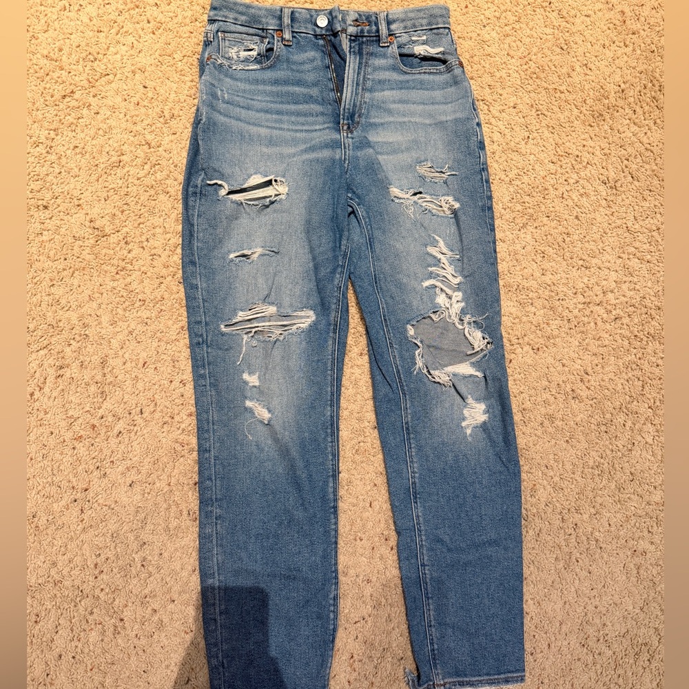 AE Curvy Long Women’s Distressed Mom Jeans - Blue